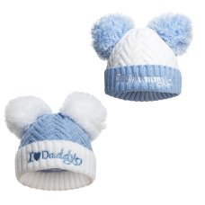 H682-B: Blue Chevron Hat w/Emb & Pom Poms (0-12 Months)